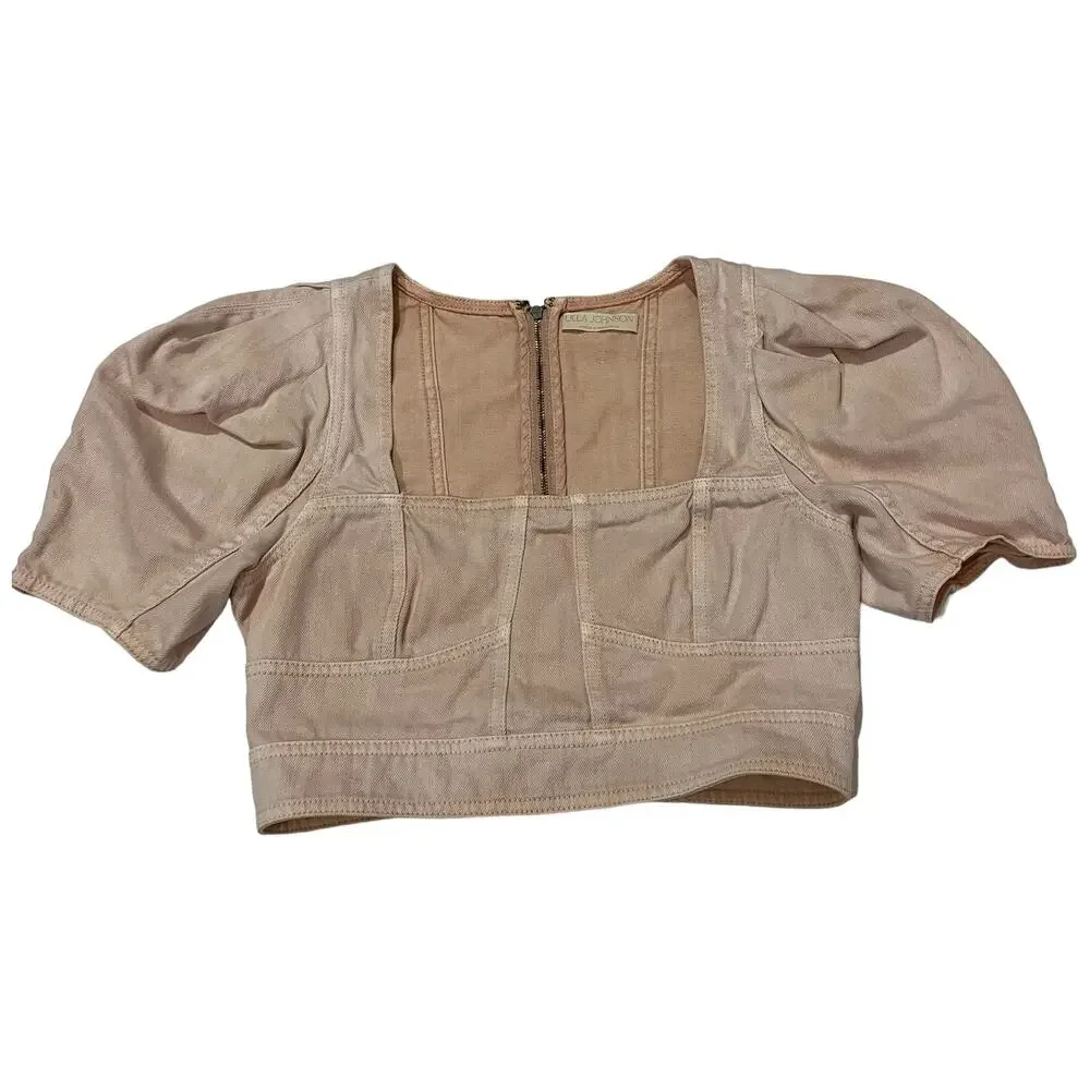 Ulla Johnson Renee Denim Bustier Puff Sleeve Crop Top - Sweetbriar - 6